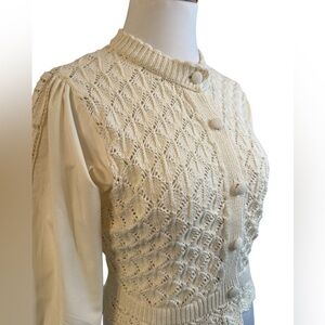 Zara Crochet Knit Cream Colored Puffy Cotton Windowpane Lace Sleeve Crop Sweater